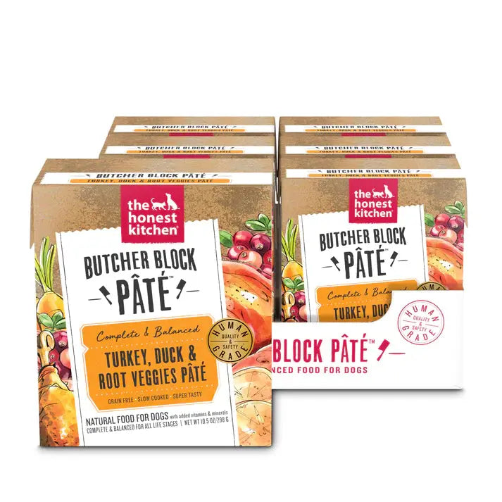  -Splash-proof food bowl AND Anti-choking slow food bowlThe Honest Kitchen Butcher Block Pate: Turkey, Duck & Root Veggies Pate Wet Dog Food 6/10.5oz