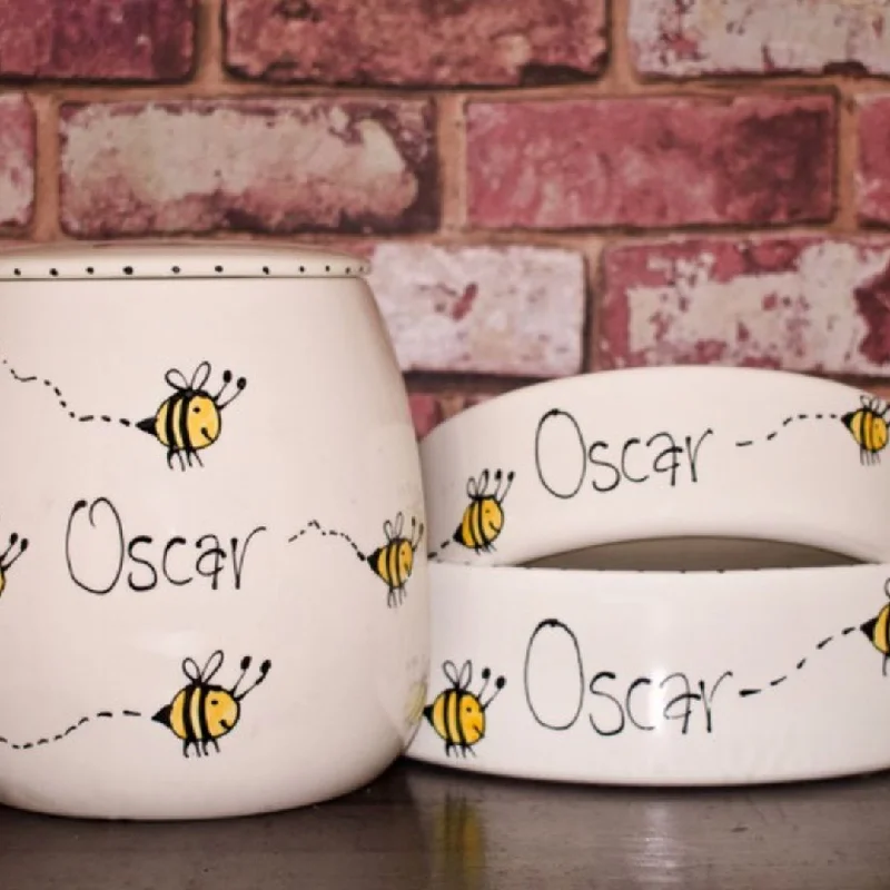 - Foldable and portable cat bagPersonalised Dog Bowls And Treat Jar Set In Busy Bee Design - Foldable and portable cat bagPersonalised Dog Bowls And Treat Jar Set In Busy Bee Design